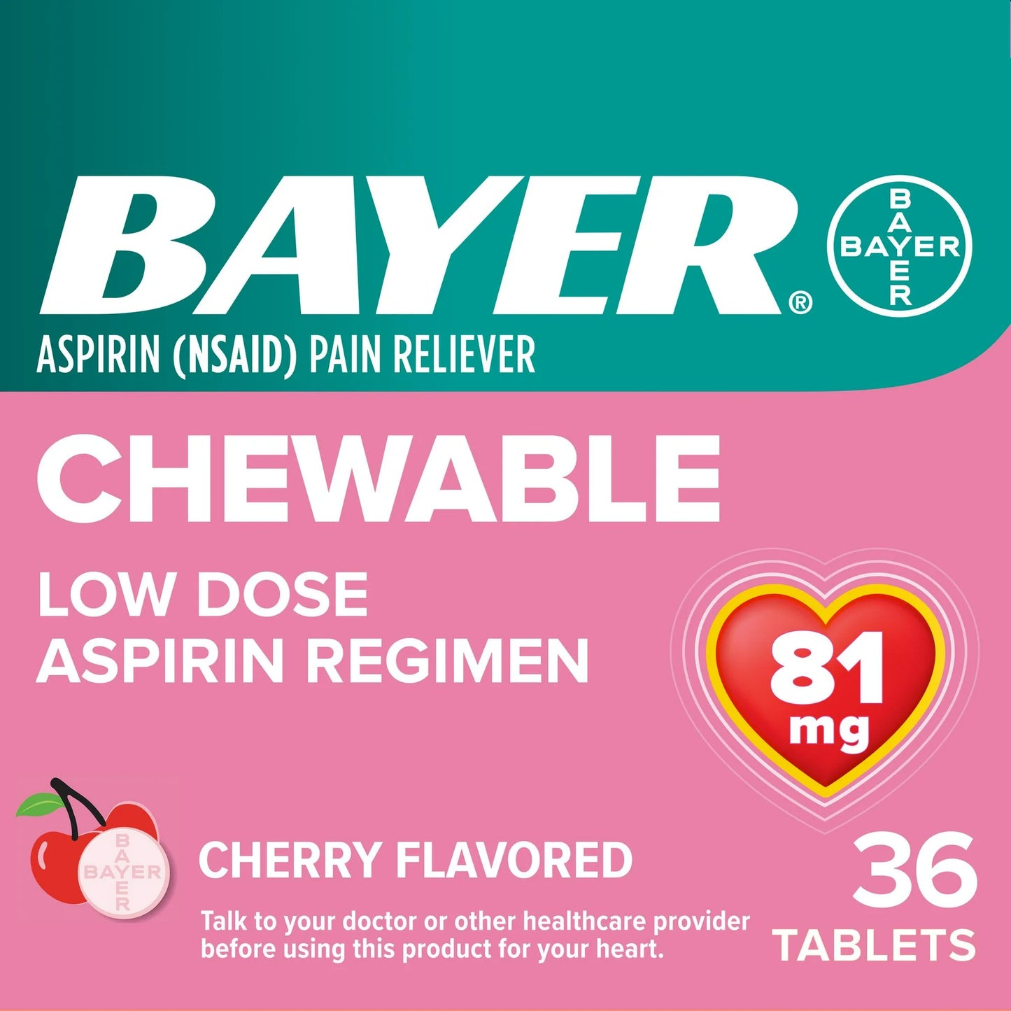 Bayer Chewable 'Baby' Aspirin 81mg Low Dose CHERRY 36 Tablets