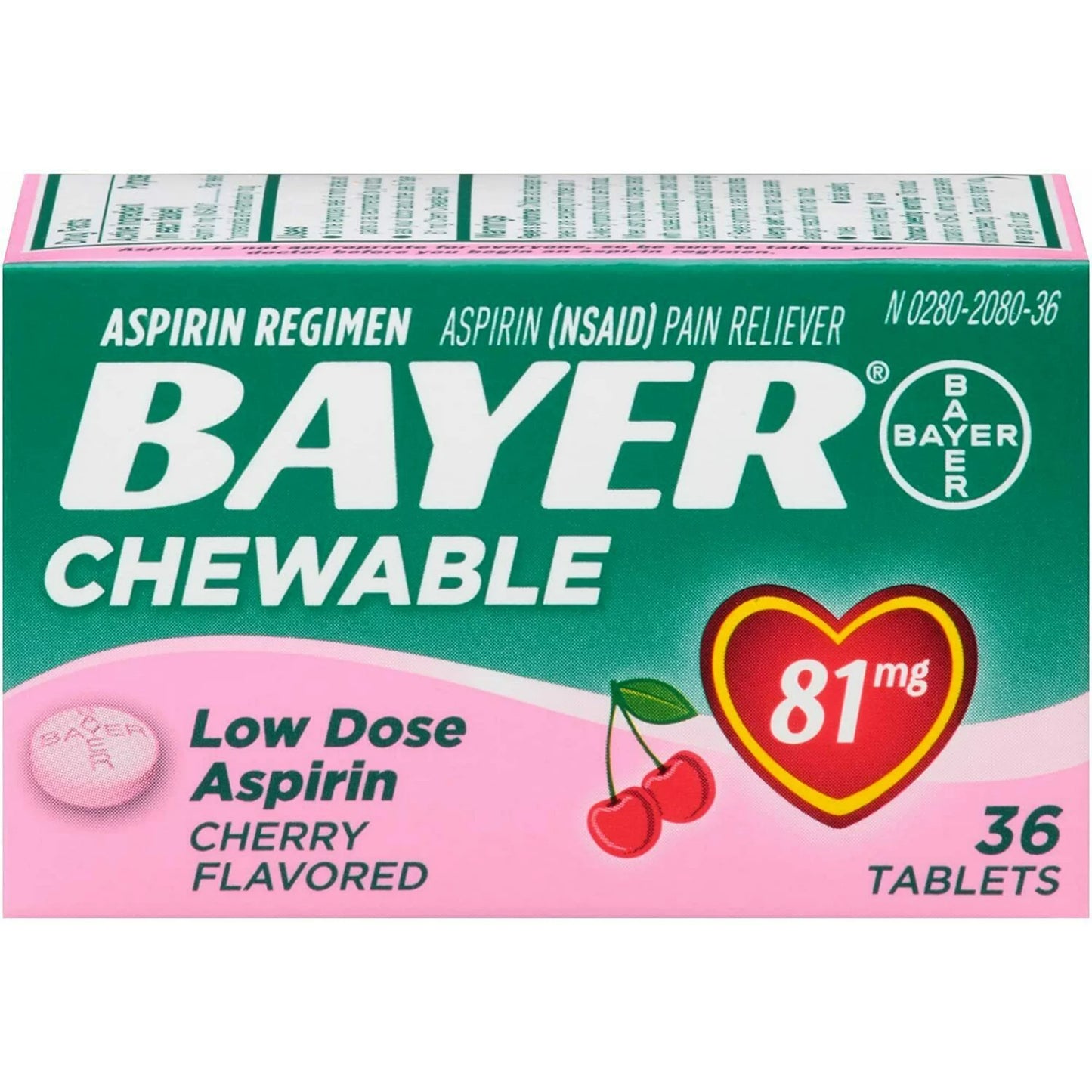 Bayer Chewable 'Baby' Aspirin 81mg Low Dose CHERRY 36 Tablets